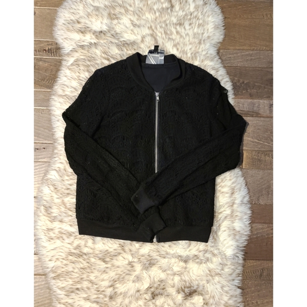 Harlowe and Graham Black Lace Bomber Zip Up Jacket